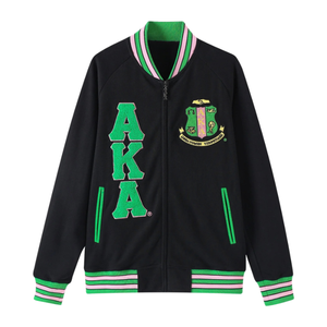 AKA Black Fleece Letterman <b>Jacket</b> Unisex Size Black Green Pink Varsity Style Full Zip Casual Premium Outerwear - Product Image 1