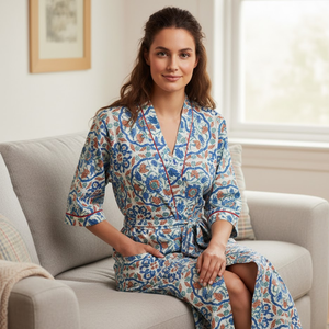 Bata de algodón con estampado artesanal, estilo kimono, larga, azul floral, para descansar, con lazo en la cintura y bolsillos, ligera - Product Image 3