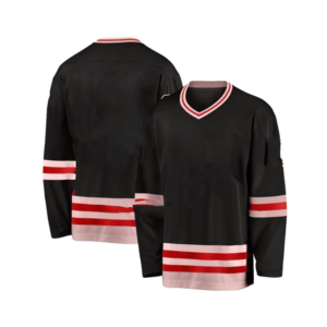 Maillot de hockey sur glace pour homme à col en V, manches longues, noir rayé, polyester, coupe classique, respirant, toutes saisons - Product Image 1