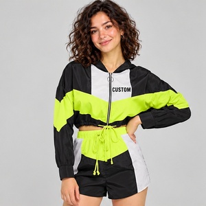 <b>Shorts</b> Outfit <b>Women</b> Windbreaker Set Black <b>White</b> Lime Cropped Jacket and <b>Shorts</b> Unique style Regular Custom made Private Label - Product Image 1