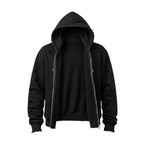 Sweat à capuche unisexe noir déchiré avec fermeture éclair, style vintage, en molleton délavé, streetwear, avec poches, 100 % coton - Product Image 2