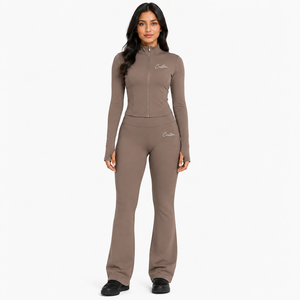 Conjunto de Yoga para Mujer, Chaqueta Deportiva de Manga Larga, Pantalones Acampanados de Cintura Alta, Conjunto de Dos Piezas para Gimnasio, Ropa Deportiva Elástica, Traje Deportivo para Correr - Product Image 4
