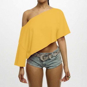 Custom Fashion Women's <b>One</b> Shoulder Asymmetric Crop <b>Top</b> Solid Color Loose Fit Three Quarter Sleeve Polyester Woven Summer Style - Product Image 1