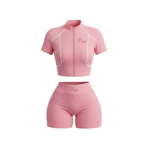 Women's Sporty 2 Piece Tracksuit Set Full Sleeve <b>Turtleneck</b> Zipper Crop <b>Top</b> With Matching Shorts Solid Color Breathable Spring - Product Image 6
