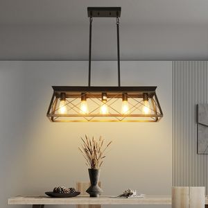 Lampadario a sospensione moderno da 32 pollici con gabbia in metallo, 5 luci, nero, stile industriale, regolabile per sala da pranzo e cucina - Product Image 3