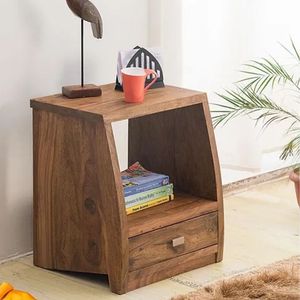 Mesa de Noche de Madera Maciza con Cajón, Mesa Auxiliar de Almacenamiento para Dormitorio, Estilo Rústico Moderno - Product Image 1