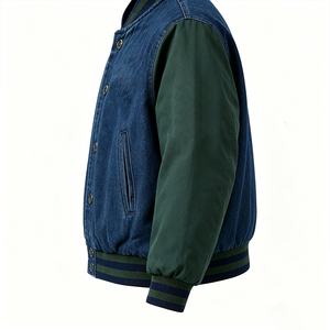 Chaqueta Bomber para Hombre con Bloques de Color, Manga Larga, Azul Denim y Verde, Estilo Otoñal - Product Image 1