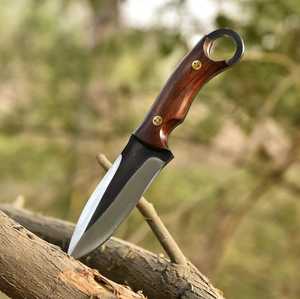 Cuchillo de Caza de Hoja Fija Hecho a Mano de Acero al Carbono con Punta Caída y Agujero para el Dedo, Mango de Palisandro, Funda de Cuero, Personalizable OEM/ODM, 8.5 pulgadas - Product Image 3