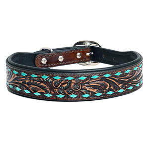 Collier de chien imprimé turquoise en cuir torsadé occidental pour le cou collier de chien réglable rembourré gravé en cuir véritable pour animal de compagnie - Product Image 2