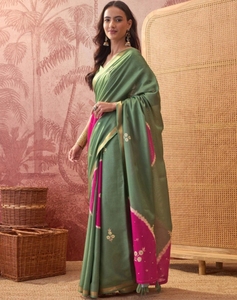 Sari de Diseño KV para Mujer, Bordado y Adornado, Mezcla de Algodón Estilo Bollywood, con Blusa Sin Coser, Verde - Product Image 2