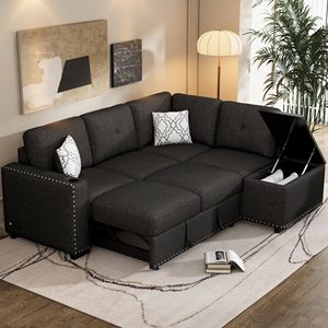 Divano letto componibile a L da 213 cm con porta USB, prese di corrente, portabicchieri e chaise longue contenitore - Livi - Product Image 3