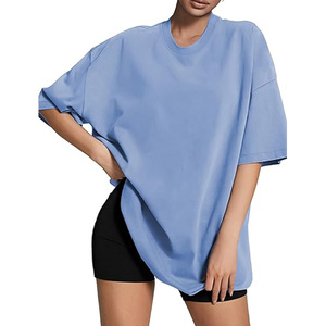 Camiseta de Mujer Oversize de Color Liso con Cuello Redondo, Hombros Caídos, Ajuste Holgado, Manga Corta, Transpirable, de Algodón Jersey para Primavera - Product Image 1