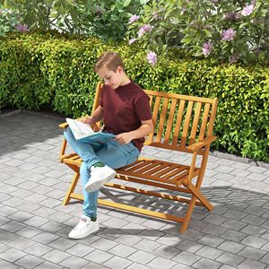 Banc de patio en teck au design minimaliste, pliable, pour 2 personnes, avec dossier et accoudoirs, pour jardin, véranda, parc, balcon - Product Image 2