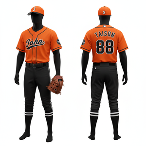 Uniforme de Béisbol para Hombre, 200 GSM, Tejido de Poliéster, Absorbente de Humedad, Naranja y Negro, Bordado Personalizado en Tela Tackle Twill - Product Image 1