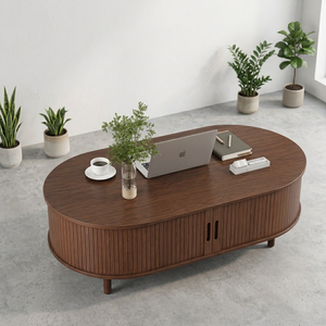 Table basse ovale moderne en bois, design mid-century, meuble de salon avec tiroir de rangement, finition brun foncé - Product Image 2