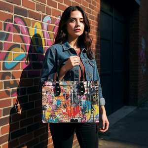 Women PU Tote Bag Graffiti Print Single <b>Handle</b> Shoulder Strap Fashion Casual Daily Use Large Capacity Portable <b>Handbag</b> - Product Image 4