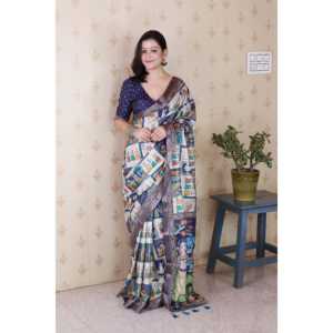 Sari de Seda Tussar Azul Elite Weaves con Estampado Kalamkari de Figuras Audaces y Borde Tejido con Zari para Fiestas y Festivales - Product Image 6