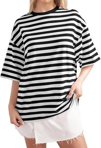 เสื้อยืดลายทางแขนสั้นผู้หญิงฤดูร้อนลำลองหลวมพอดีคอ O - Product Image 3
