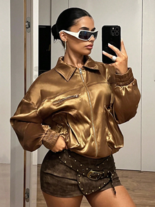Chaqueta Bomber Dorada Metálica Satinada para Mujer, Chaqueta de Salida con Cuello Grande y Brillo Líquido, Personalizada - Product Image 4