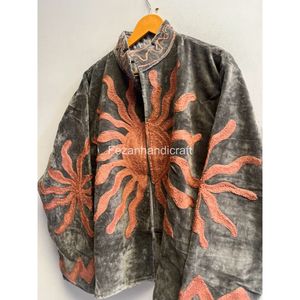 Chaqueta de terciopelo con cuello mandarín y manga larga para mujer, estilo bohemio, con patrón geométrico bordado de palmeras, para otoño - Product Image 2