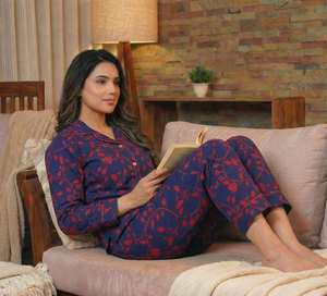 Conjunto de Pijama de Algodón Estampado en Bloques, Tejido Térmico, Estilo Indio, para Mujer, de Alta Calidad y Suave, con Camisa - Product Image 1