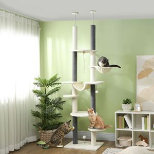 Regolabile 89 \ "-100 \" dal pavimento al soffitto gatto albero con tiragraffi amaca posatoi giocattolo palline bianche - Product Image 2