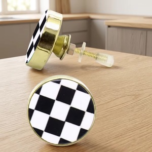 Modern Brass Round Cabinet <b>Knob</b> with Black <b>White</b> Checkered Design for Kitchen and Living Room Drawer Handles Easy Installation - Product Image 1