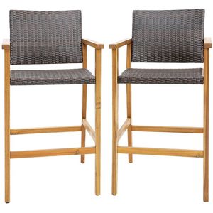 Set di 2 sedie da bar da patio in vimini PE con braccioli in legno di acacia - Product Image 1