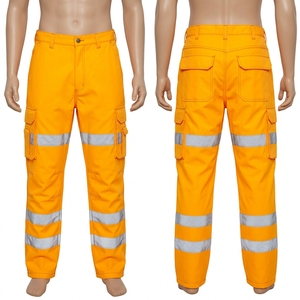 Mens Hi Vis Orange Polyester Twill <b>Cargo</b> <b>Work</b> <b>Pants</b> CE Certified Waterproof Heavy Duty 300 GSM Double Reflective Tape Custom - Product Image 3