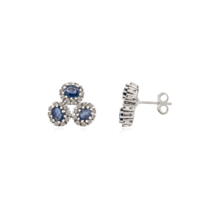 Classy Three Stone Cluster Natural Blue Sapphire Gemstone Beautiful Handmade 925 Sterling <b>Silver</b> <b>Stud</b> Earrings for Girls - Product Image 3