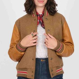 Blouson Bomber Varsity Personnalisé pour Femme en Laine et Cuir – Corps en Laine Premium, Manches en Cuir, Poignets Côtelés et Boutons Pression – Tendance - Product Image 1