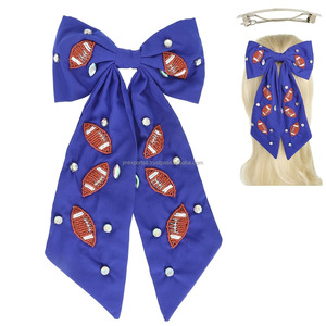 Custom Satin School Team Football Hair Bow Clip Beaded Cheer Hair Accessory in Bulk Available Orange Purple Red Blue for Parties - Product Image 3