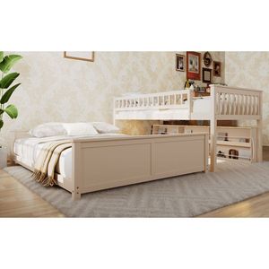 Lit superposé Twin XL sur Queen avec étagères intégrées, lumières à changement de couleur, panneau perforé beige – Lit de dortoir - Product Image 1
