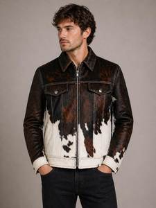 Veste en cuir de vache véritable pour homme, imprimé animal, col rabattu, fermeture éclair, style motard, vêtements d'hiver - Product Image 4