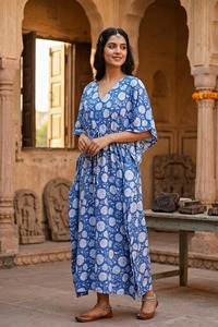 Women Designer Indian Cotton <b>Kaftan</b> Floral Block Print Long <b>Summer</b> Beachwear Party Cover Up Dress - Product Image 5