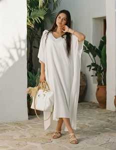 Vestido Kaftán de Lino Blanco, Vestido Midi de Lino Oversize, Vestido Minimalista para Resort, Vestido Holgado de Lino para Verano, Cubrebaño de Playa para Mujer - Product Image 6