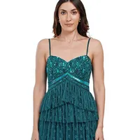 Robe de cocktail élégante vert turquoise à fines bretelles, avec volants superposés en maille, robe de soirée de luxe courte ornée de perles et de sequins pour le bal de promo