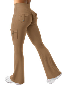 Women's High Waisted <b>Flared</b> Leg Yoga Pants With Cargo Pockets Solid Color Four-Way Stretch Workout <b>Leggings</b> - Product Image 3
