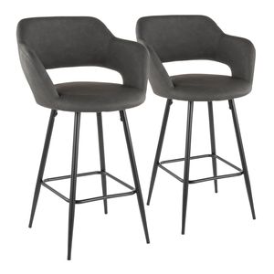 Set di 2 Sgabelli da Bancone Contemporanei Margarite in Metallo Nero e Ecopelle Grigia con Poggiapiedi - Product Image 1