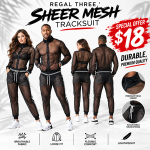 Ensemble de survêtement en maille transparente sexy avec veste zippée et pantalon de jogging transparent 100% polyester, survêtement en maille sexy unisexe pour club - Product Image 1
