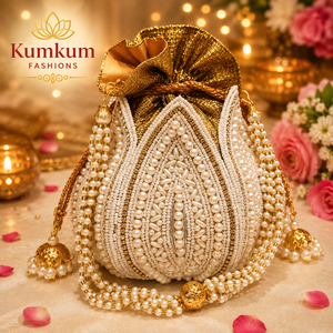 Sac à cordon Lotus Potli, cadeau de mariage, sac de mariée ethnique indien de luxe fait main, pour fiançailles, Diwali, Ramadan, festivités - Product Image 1