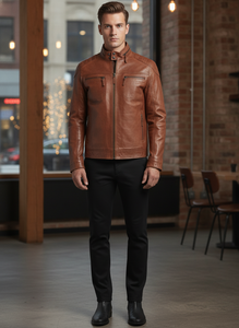 High Quality <b>Men's</b> Casual Leather <b>Jacket</b> Stylish Fit Stand Collar Soft PU Leather Canvas Breathable Quick Dry Autumn Pattern - Product Image 1