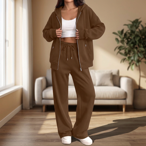 Conjunto deportivo informal para mujer con sudadera con capucha y cremallera y pantalones anchos - Product Image 2
