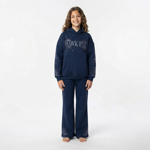 Elegante chándal azul marino con capucha para niños, de corte holgado y largo, estilo casual con hombros caídos y pantalón. - Product Image 2