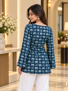 Square Neck Lantern Sleeve Printed <b>Kurta</b> Viscose Cotton Animal Pattern Blue White Pants Set <b>Women</b> Casual Daily Wear - Product Image 2
