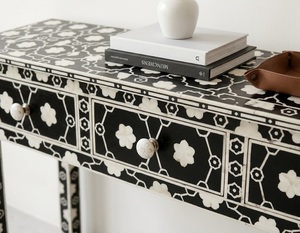 Table console en bois fait main avec incrustations de os, noir et blanc, table d'entrée, table de canapé, mobilier moderne pour la maison - Product Image 4
