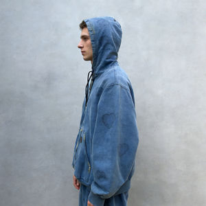 Sweat-shirts à capuche bleus surdimensionnés pour hommes, zippés, effet vieilli, avec poche avant embossée, étiquette personnalisée, style streetwear décontracté - Product Image 3