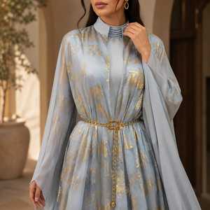 Abaya Modeste Islamique pour Femmes Adultes Bleu Ciel Imprimé Doré Col Montant Longueur Ras du Sol Manches Longues Ceinture à la Taille Polyester Texturé - Product Image 2