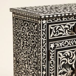 Table de chevet noire en os incrusté, 1 tiroir, faite à la main, motif floral, meuble de chambre de luxe indien incrusté - Product Image 4