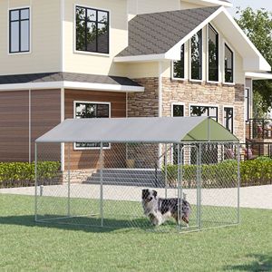Recinto per Cani Resistente in Acciaio Zincato con Chiusura Sicura, Pareti Laterali a Rete e Copertura Impermeabile per Cuccia da Giardino - Product Image 2